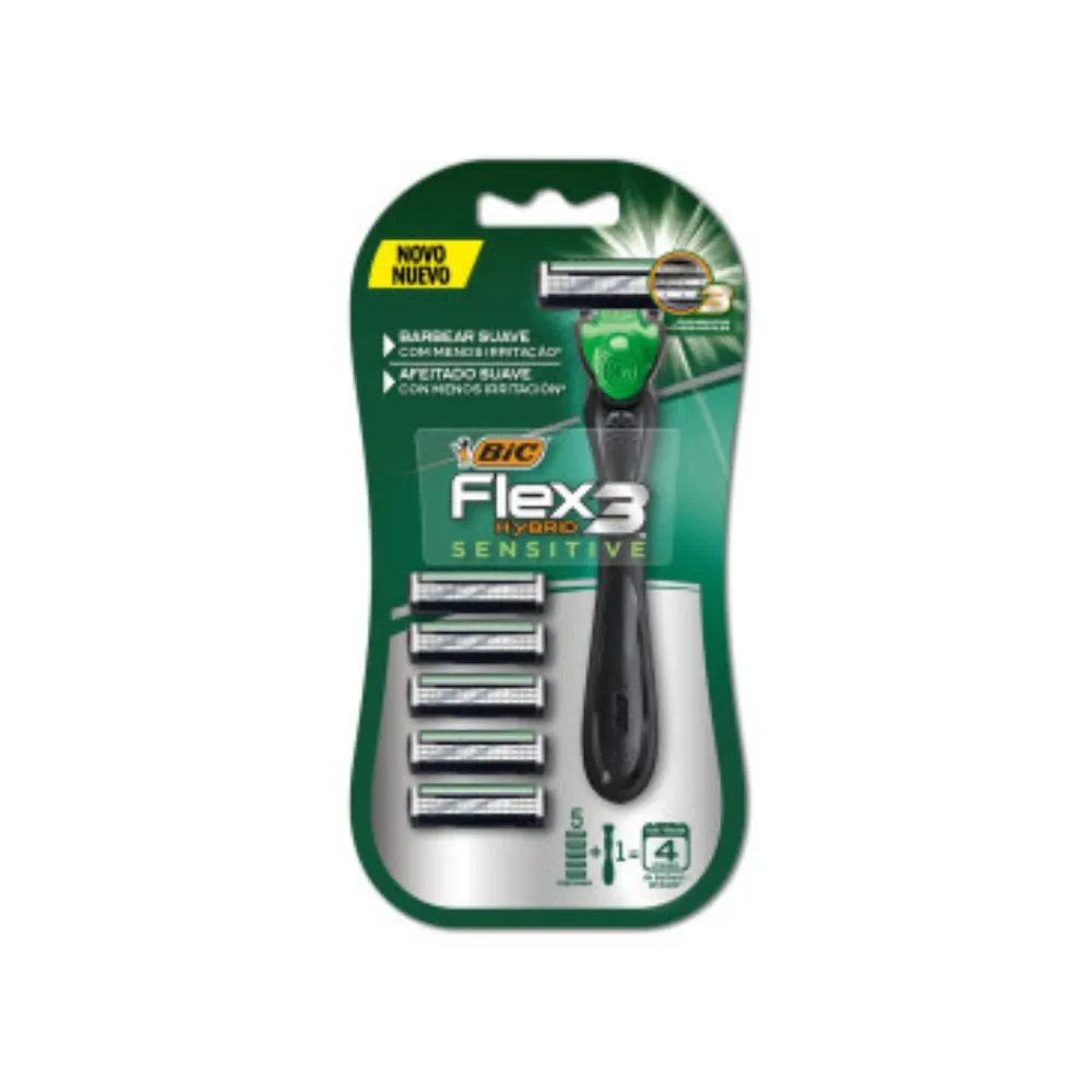 Aparelho de Barbear Recarregável Bic Flex 3 Hybrid Sensitive 1 Unidade + 5 Cartuchos