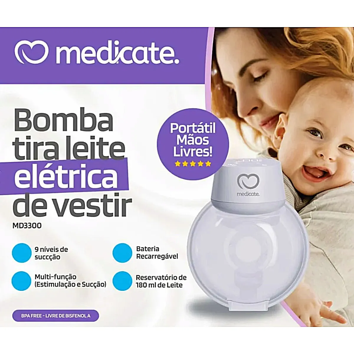 Bomba Tira-Leite Materno - Elétrica de Vestir - Medicate MD3300 — foto 4