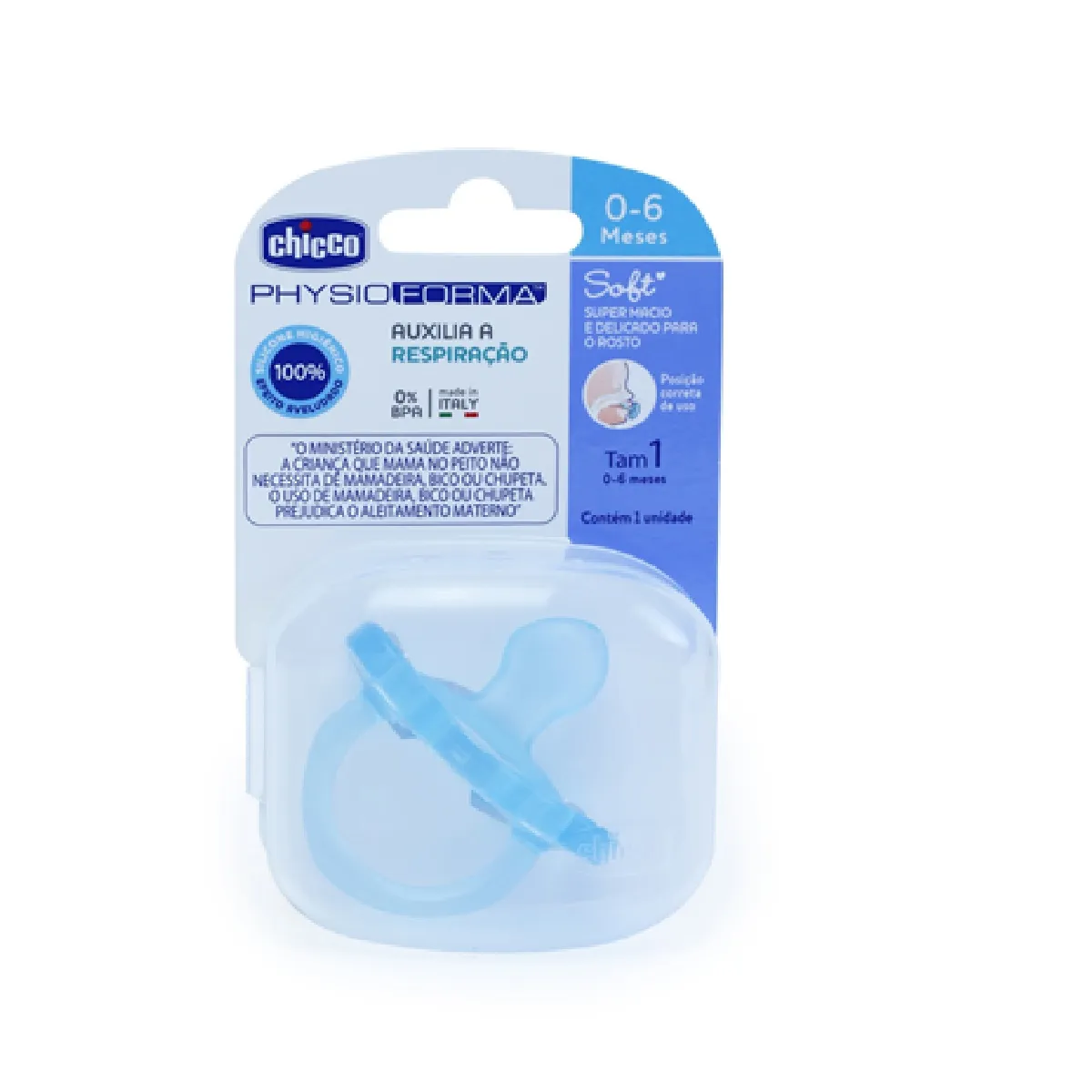Chupeta Chicco PhysioForma Soft Anatômica de 0 a 6 meses Silicone Azul 1 Unidades