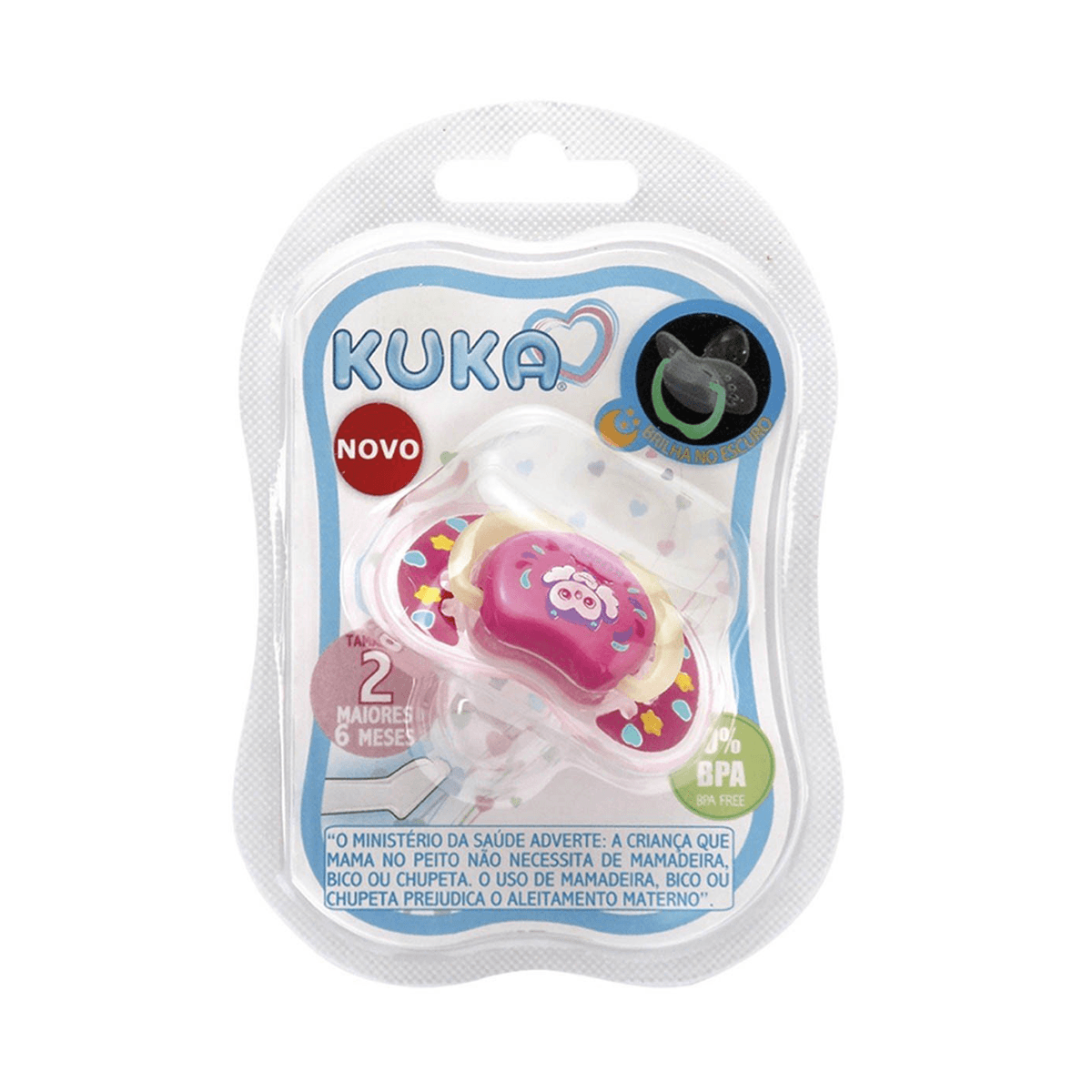 Chupeta Kuka Lumina Ortodôntica +6 meses Brilha no Escuro Silicone Rosa Tamanho 2 1 Unidade