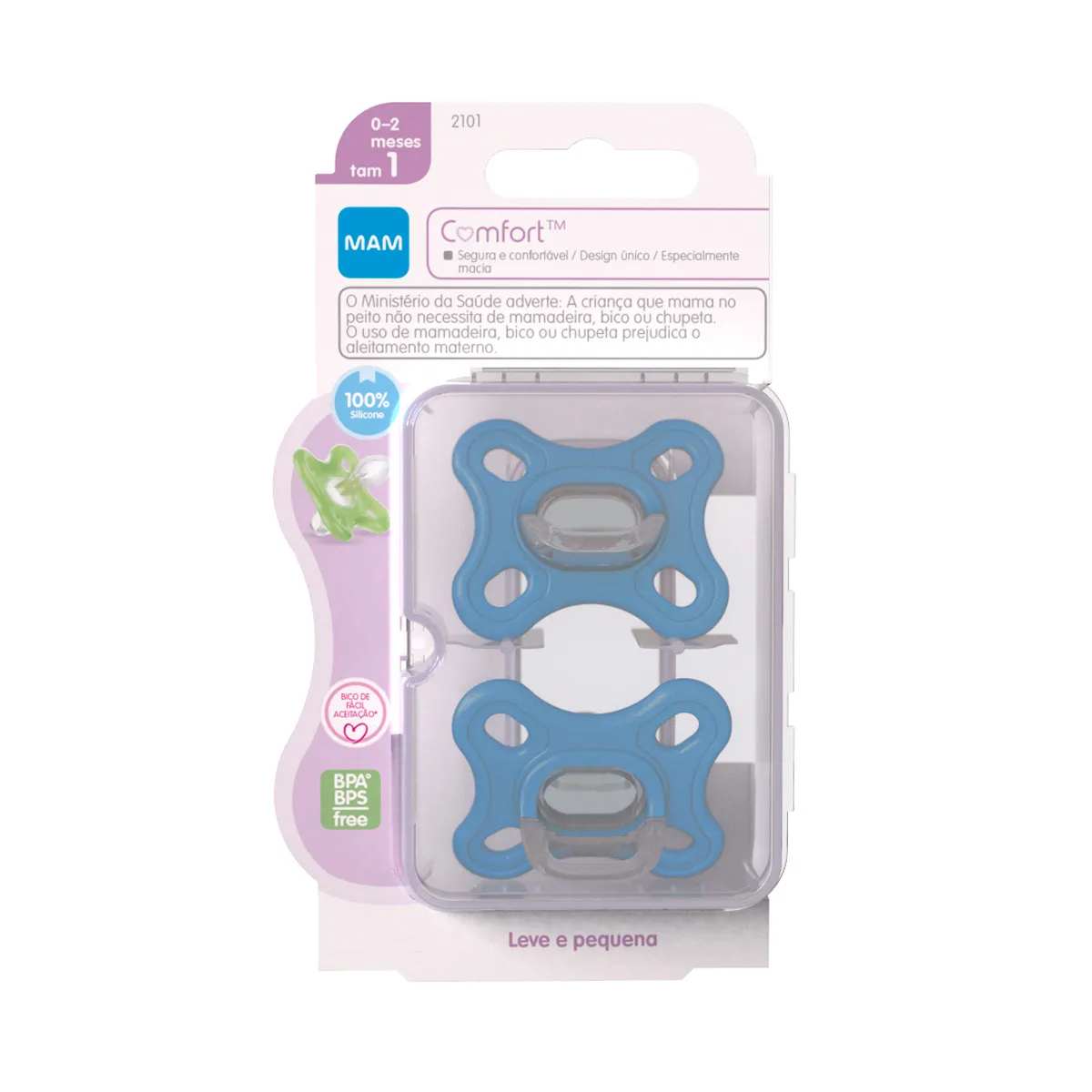Chupeta MAM Comfort Bico Simétrico de 0 a 2 meses SkinSoft Silicone Azul Tamanho 1 2 Unidades + Estojo Esterilizável