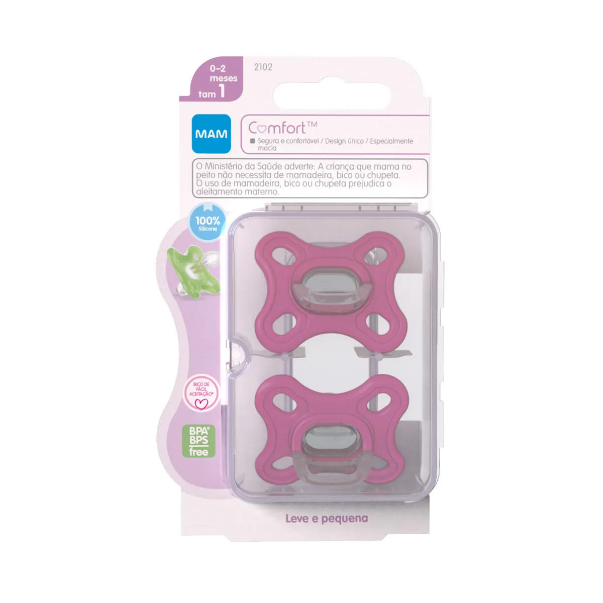 Chupeta MAM Comfort Bico Simétrico de 0 a 2 meses SkinSoft Silicone Rosa Tamanho 1 2 Unidades + Estojo Esterilizável