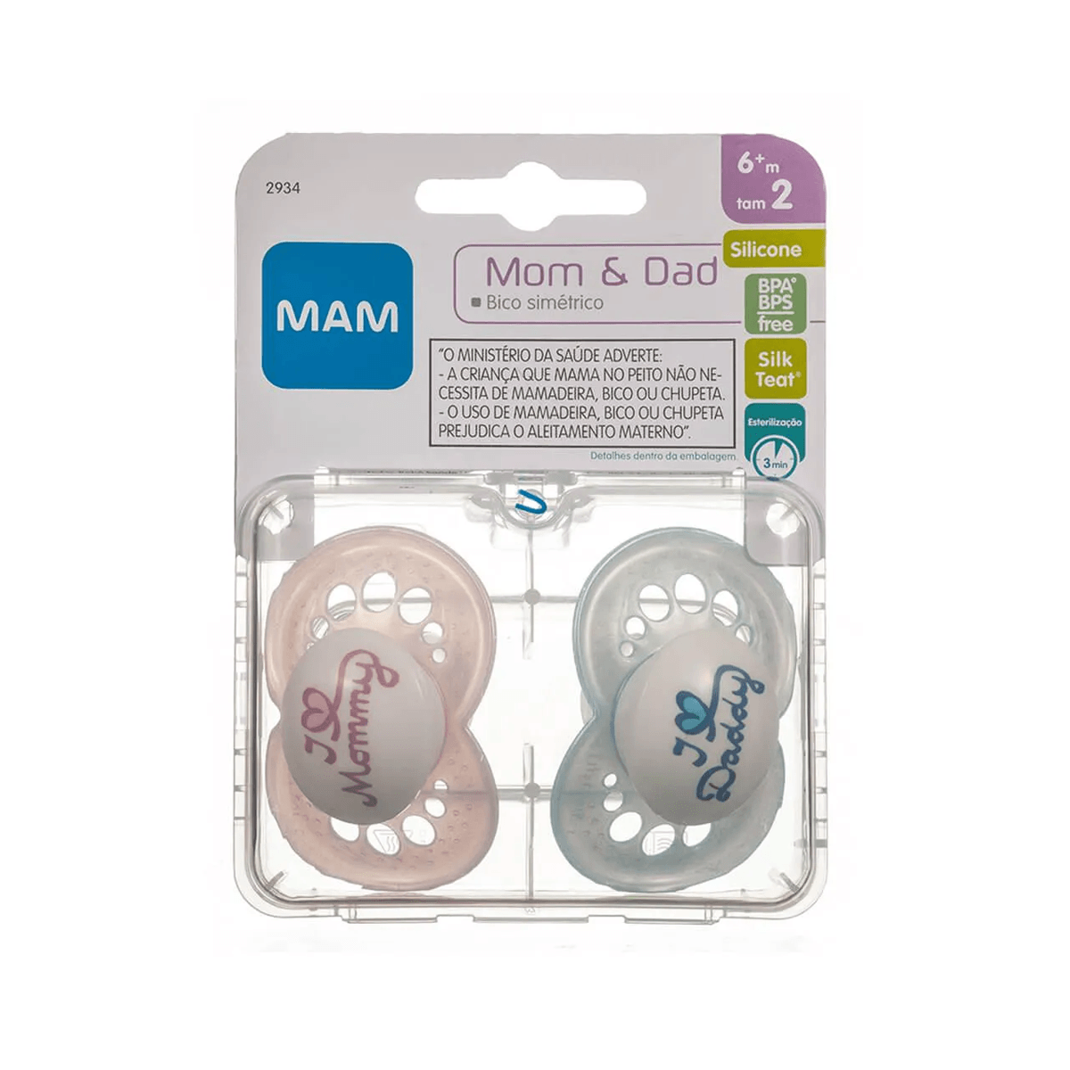 Chupeta MAM Mom & Dad Ortodôntica +6 meses Girls Silicone Tamanho 2 2 Unidades + Estojo Esterilizável