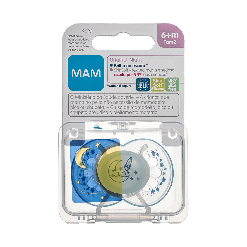 Chupeta MAM Original Night Ortodôntica +6 meses Brilha no Escuro Silicone Azul 1 Unidade