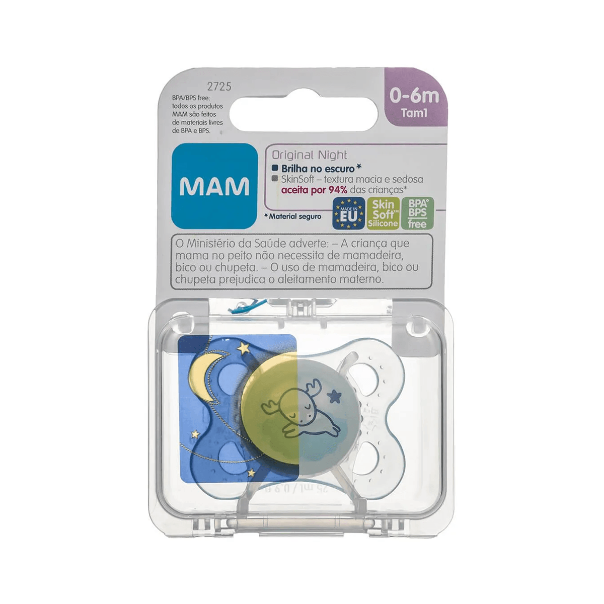Chupeta MAM Original Night Ortodôntica de 0 a 6 meses Brilha no Escuro Silicone Azul 1 Unidade