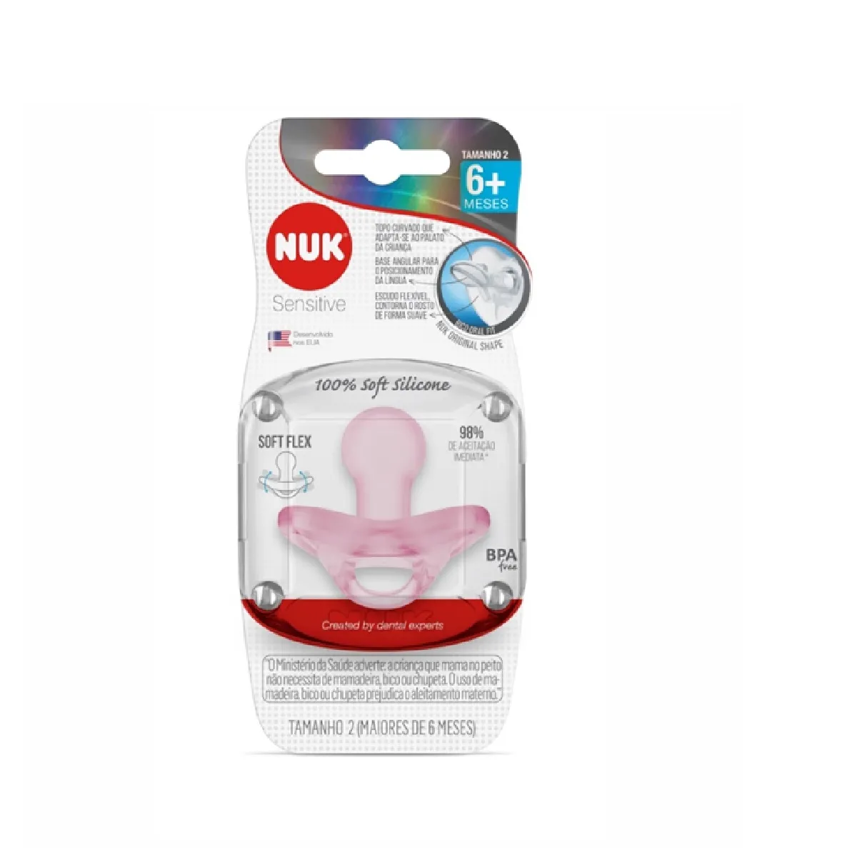 Chupeta NUK Sensitive Soft Original Shape +6 meses 100% Silicone Rosa Tamanho 2 1 Unidade