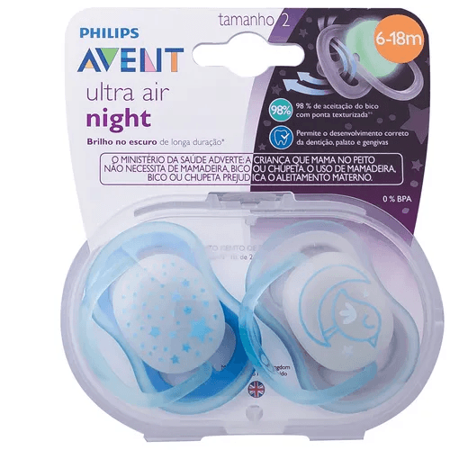 Chupeta Philips Avent Ultra Air Night de 6 a 18 meses Brilha no Escuro Silicone Azul 2 Unidades
