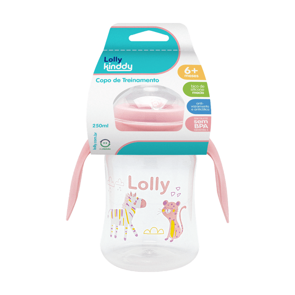 Copo de Transição Lolly Kinddy Zoo +18 meses Antivazamento com Alça Rosa 250ml 1 Unidade