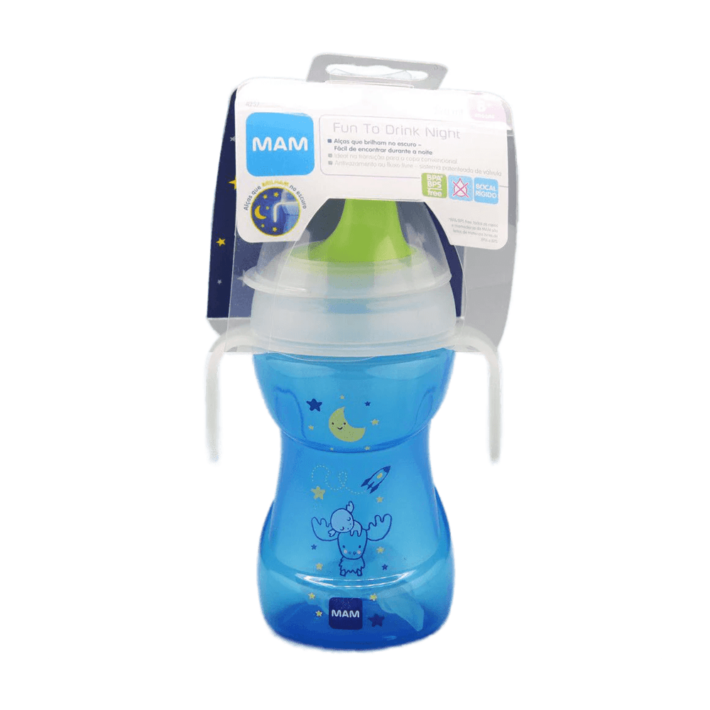 Copo de Transição MAM Fun To Drink Night Antivazamento com Alça +8 meses Azul Polipropileno 270ml 1 Unidade