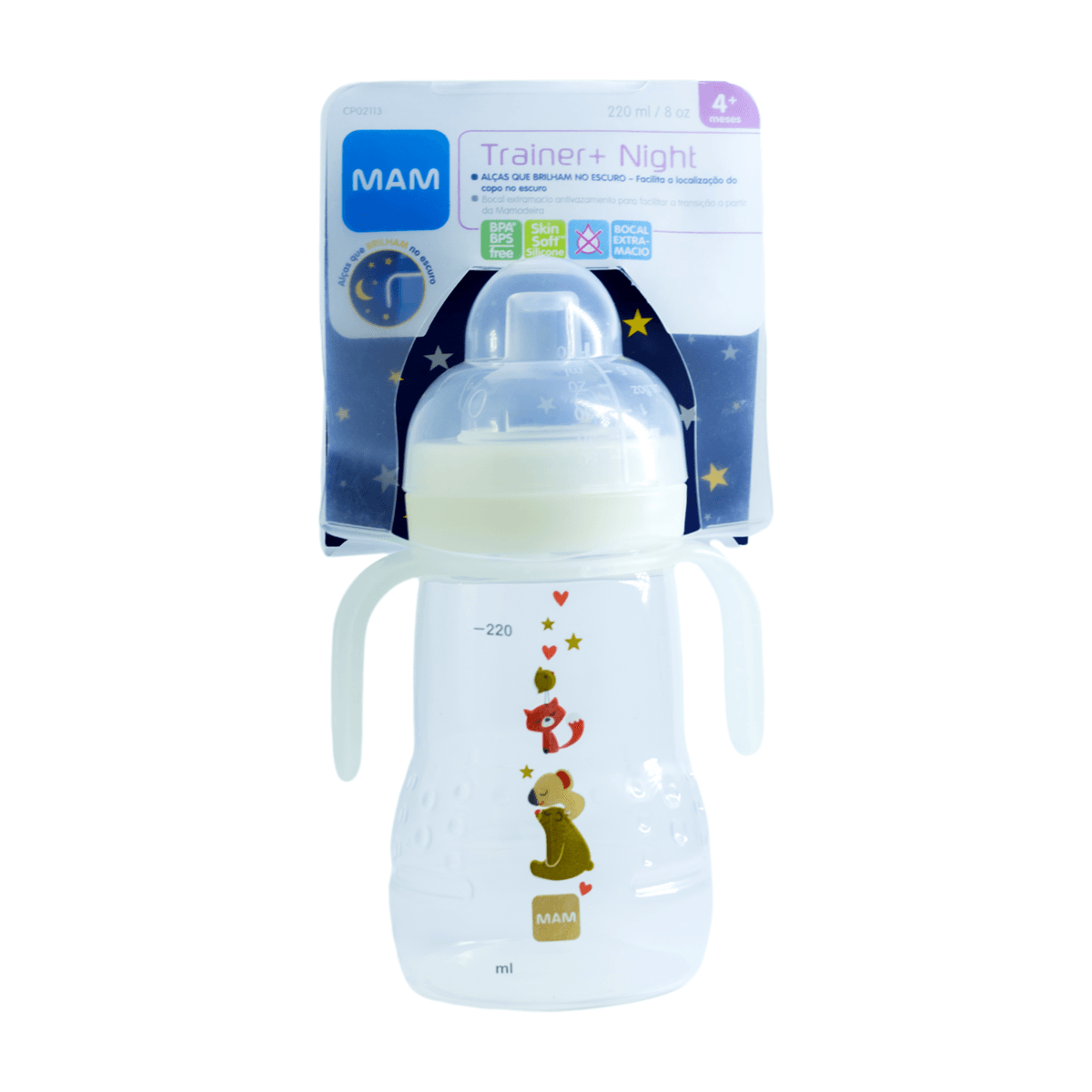 Copo de Transição MAM Trainer Night Antivazamento com Alça +4 meses Transparente 220ml 1 Unidade
