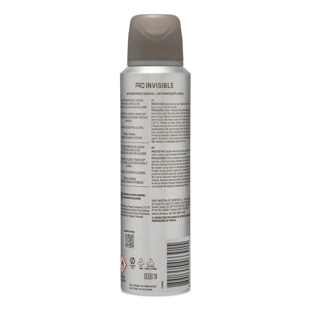 Desodorante Antitranspirante Adidas Masculino Pro Invisible 48h Aerossol 150ml — foto 4