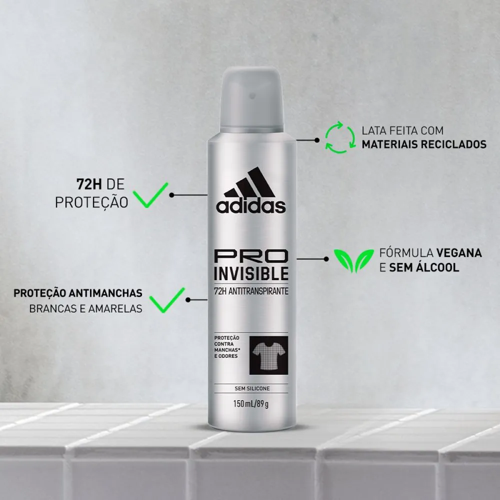 Desodorante Antitranspirante Adidas Masculino Pro Invisible 48h Aerossol 150ml — foto 6
