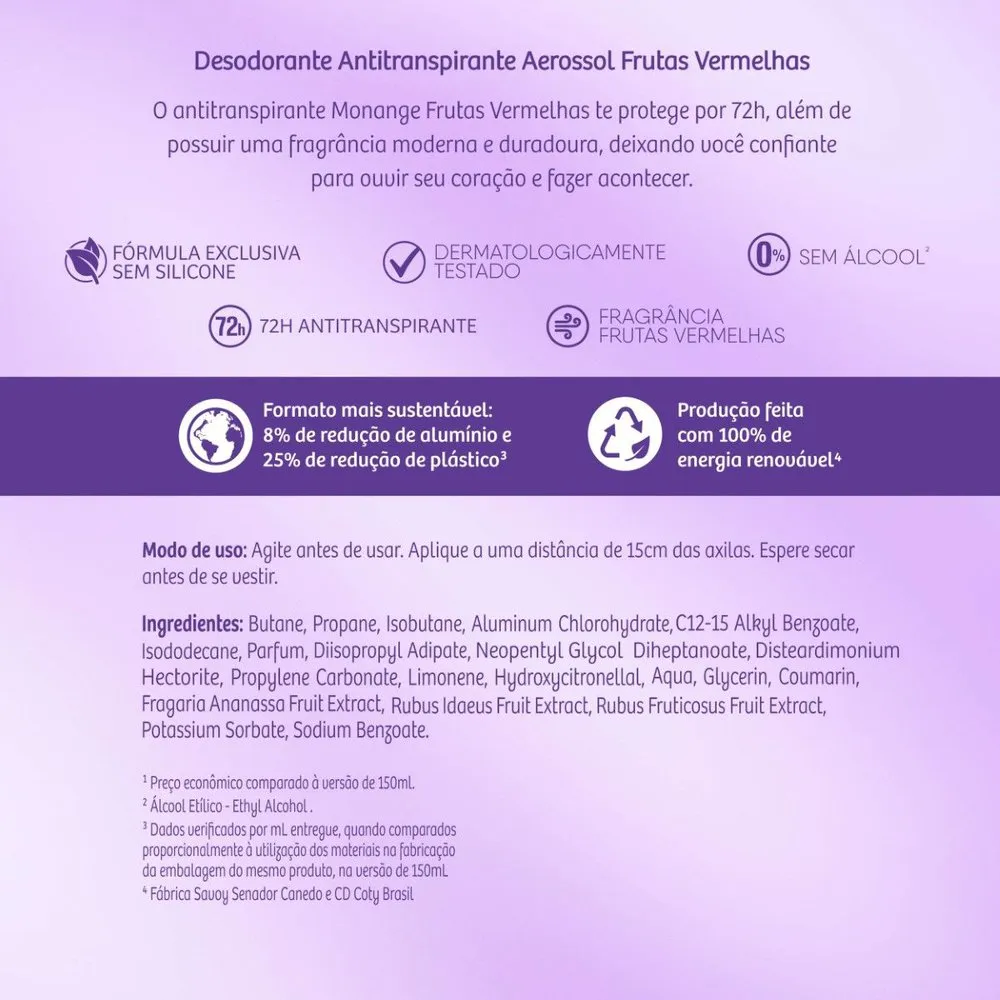 Desodorante Antitranspirante Monange Frutas Vermelhas 72h Aerossol 200ml — foto 10