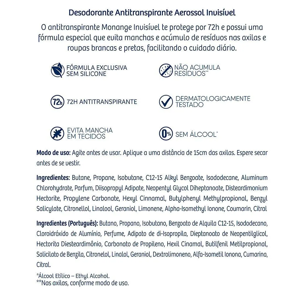 Desodorante Antitranspirante Monange Invisível 72h Aerossol 150ml — foto 5