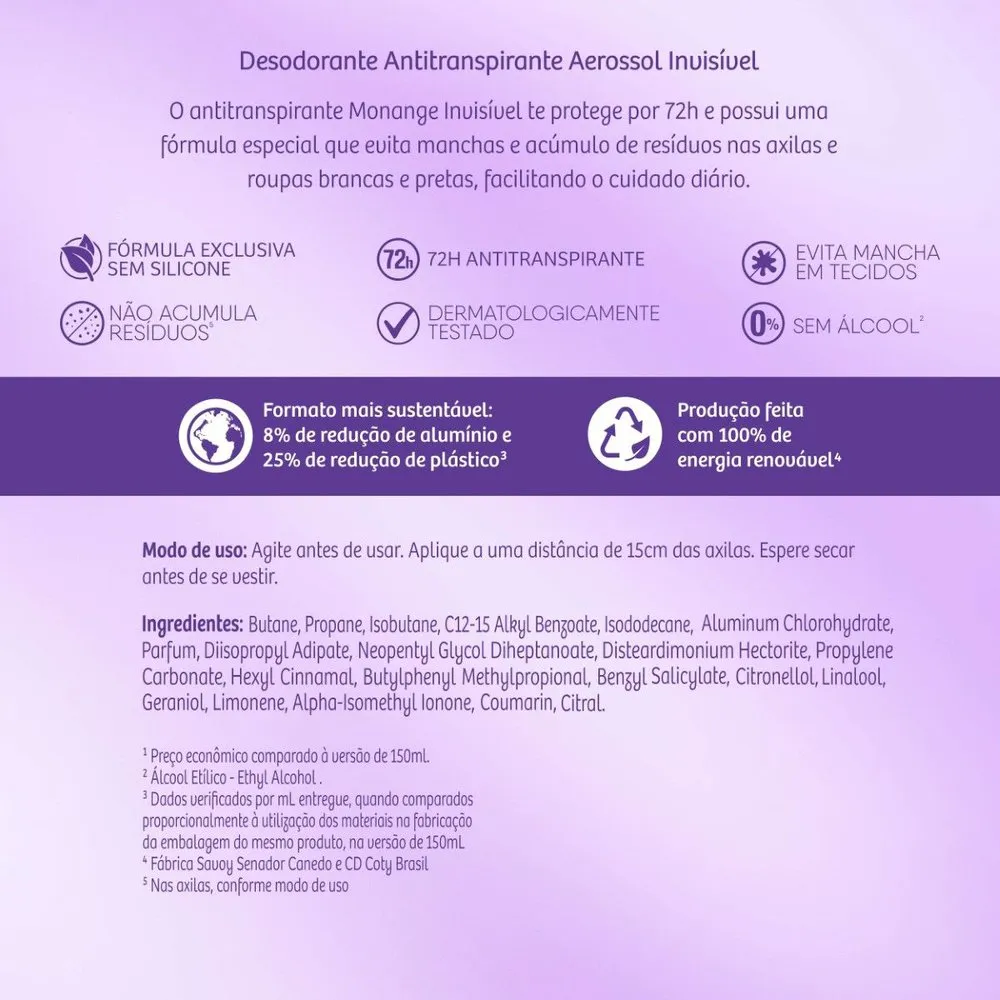 Desodorante Antitranspirante Monange Invisível 72h Aerossol 200ml — foto 10