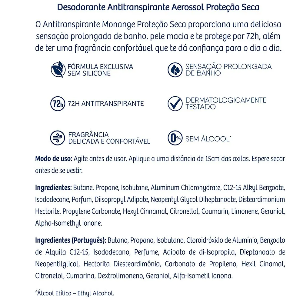 Desodorante Antitranspirante Monange Proteção Seca 72h Aerossol 150ml — foto 4