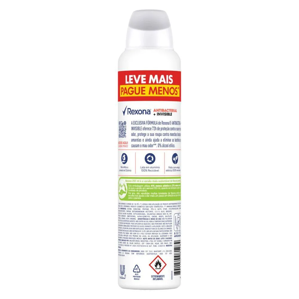 Desodorante Antitranspirante Rexona Antibacterial + Invisible 72h Aerossol 250ml — foto 3