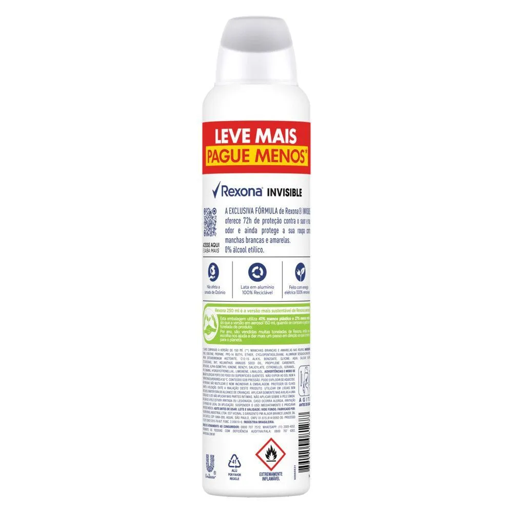 Desodorante Antitranspirante Rexona Invisible 72h Aerossol 250ml — foto 3