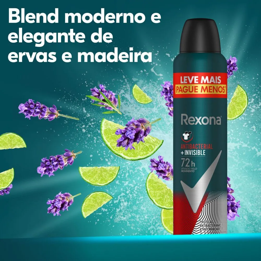 Desodorante Antitranspirante Rexona Men Antibacterial + Invisible 72h Aerossol 250ml — foto 5