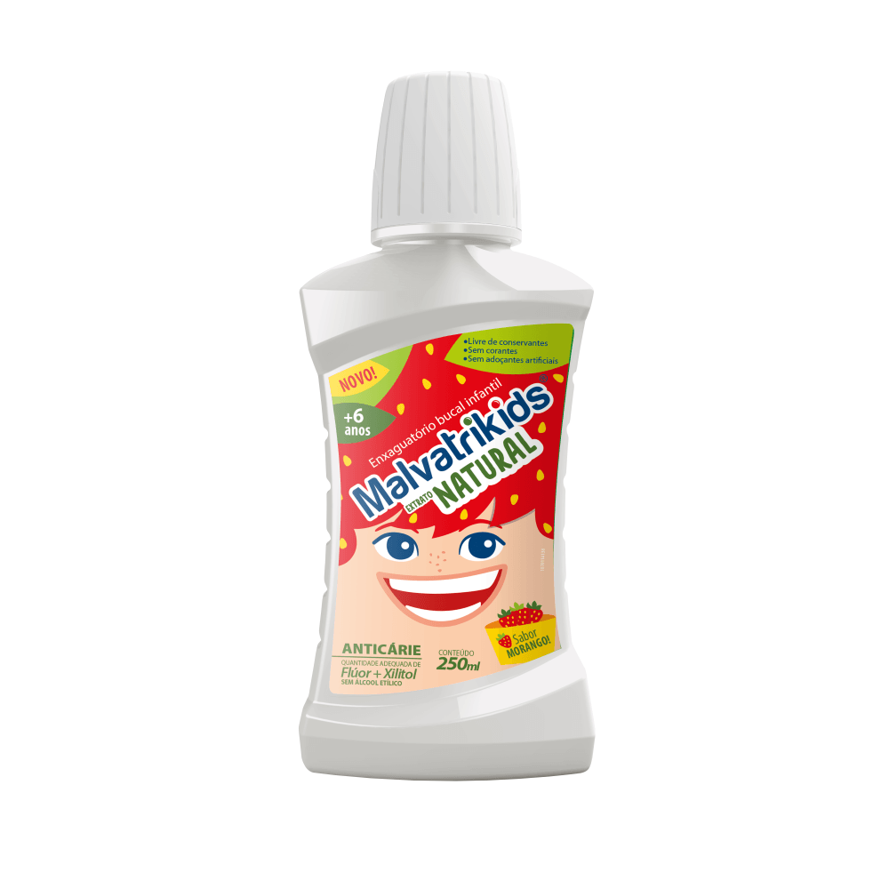 Enxaguante Bucal Infantil Malvatrikids Extrato Natural +6 anos Flúor Zero Álcool Sabor Morango 250ml