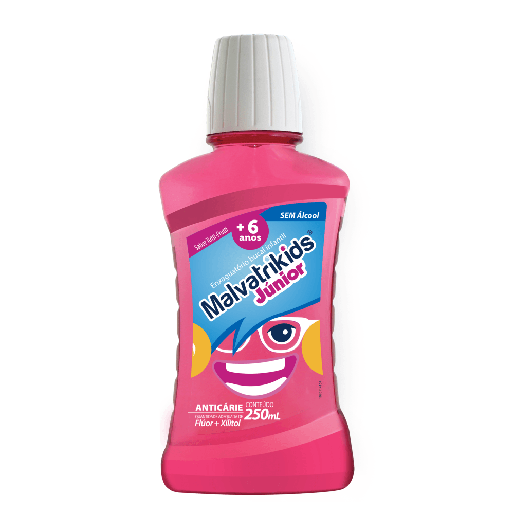 Enxaguante Bucal Infantil Malvatrikids Júnior Flúor Xilitol Zero Álcool Sabor Tutti Frutti 250ml