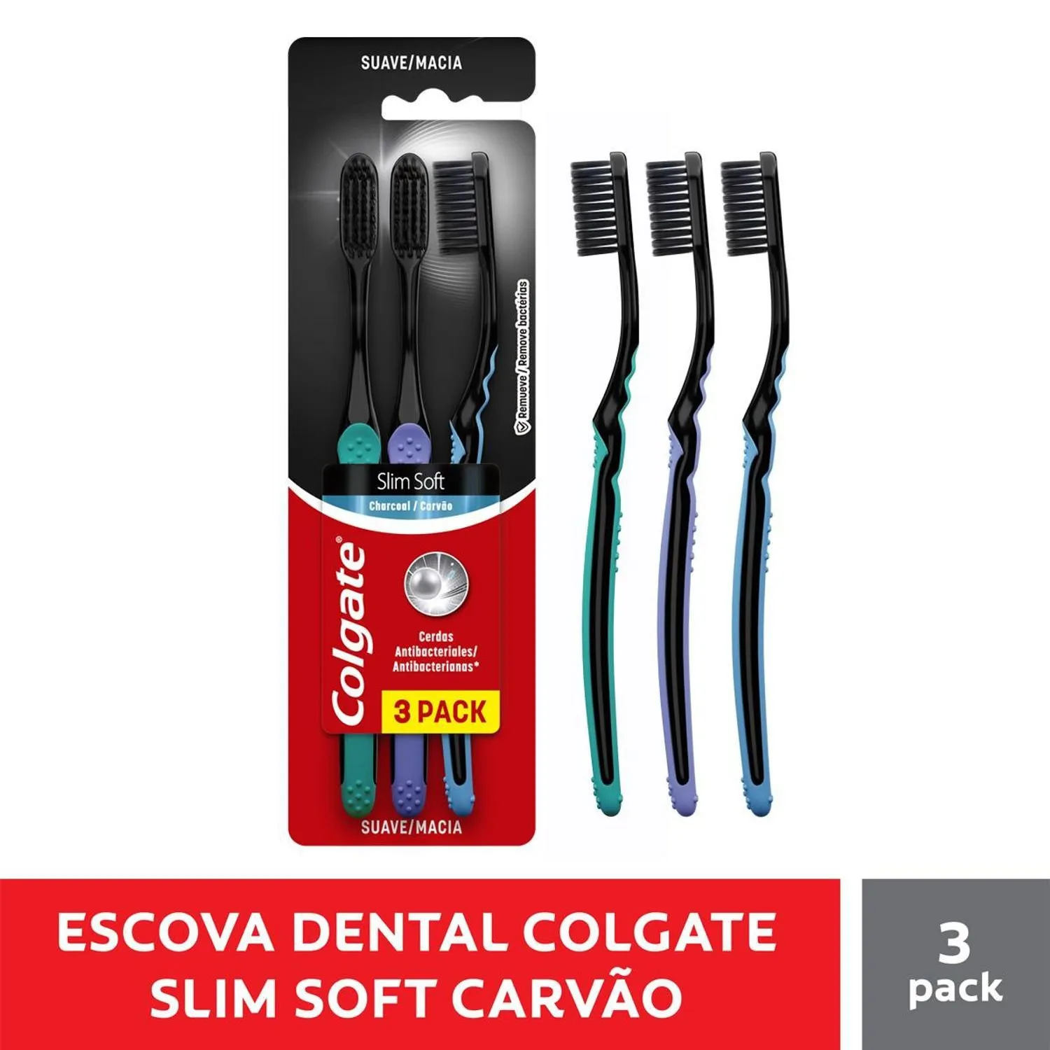 Escova Dental Colgate Slim Soft Black Infusão de Carvão Cerdas Ultrafinas Macias 3 Unidades