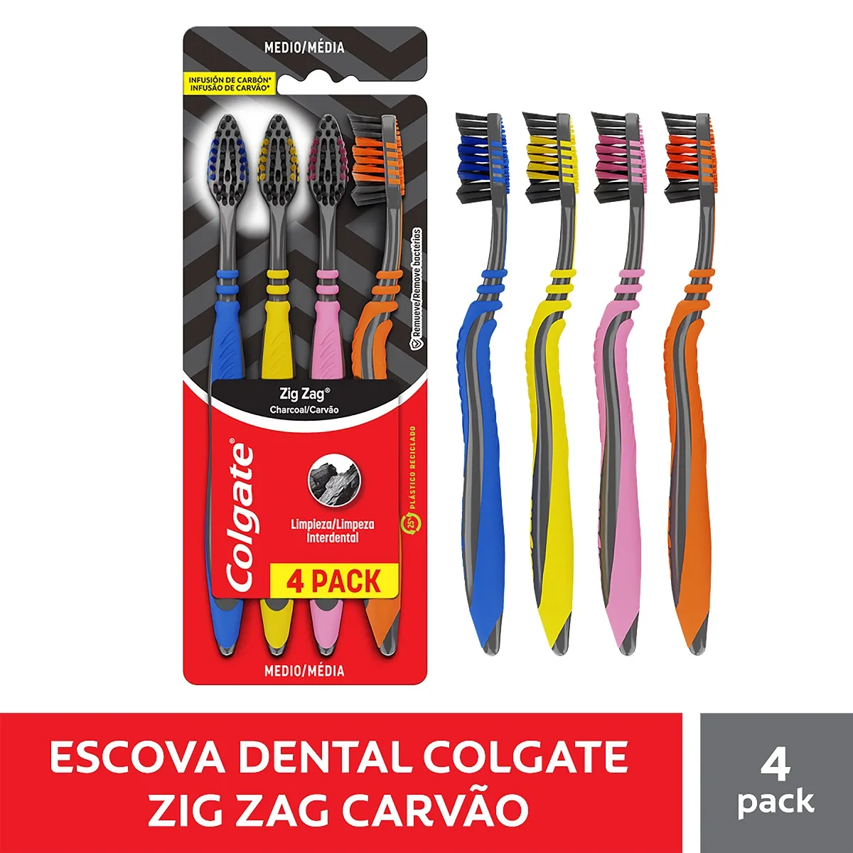 Escova Dental Colgate Zig Zag com Carvão Ativado Cerdas Médias Cores Sortidas 4 Unidades