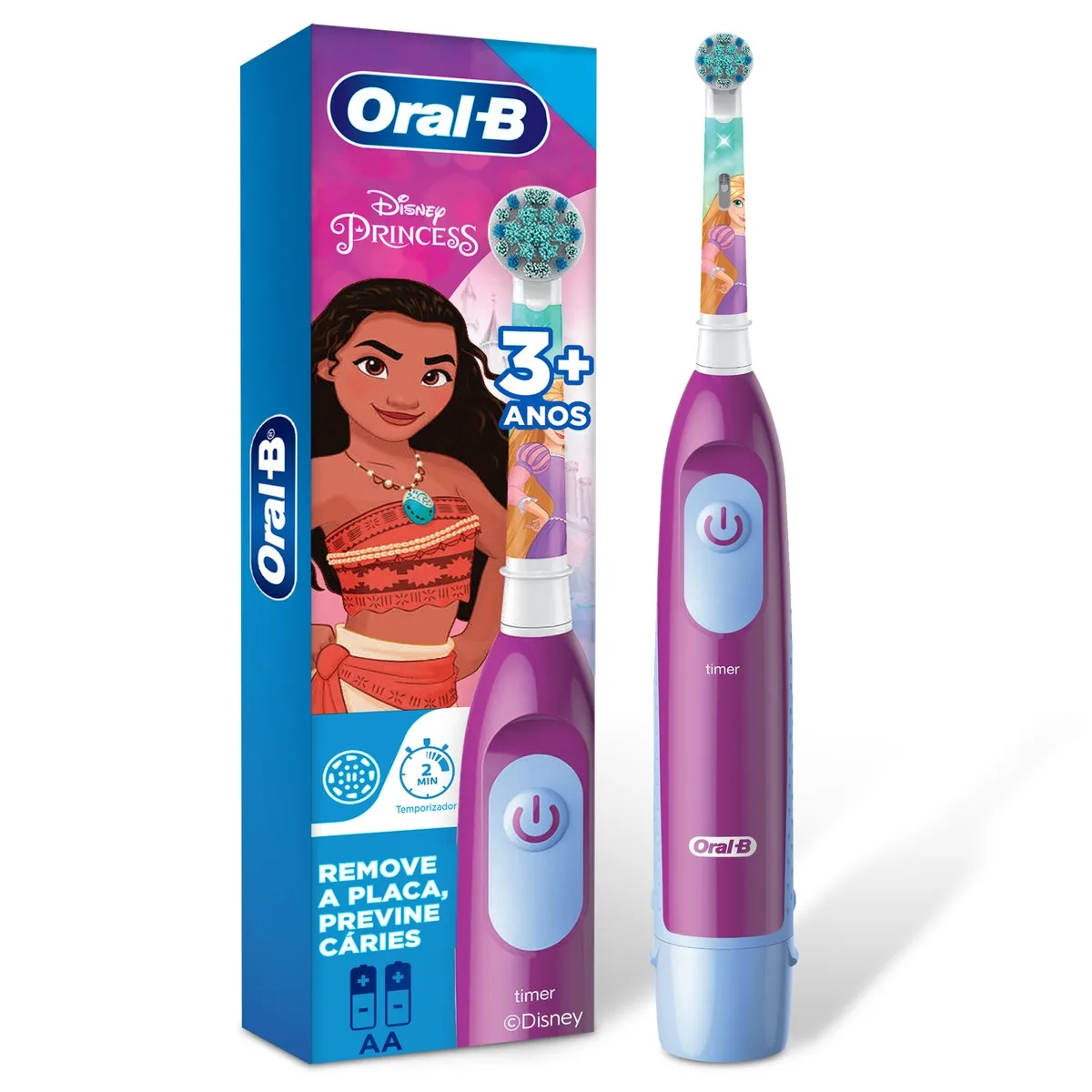 Escova Dental Elétrica Infantil Oral-B Disney Princesas Cerdas Macias +3 anos 1 Unidade + 2 pilhas AA