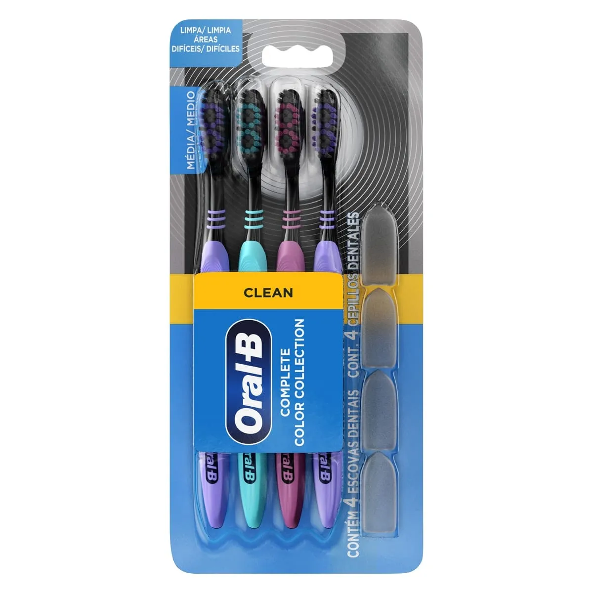 Escova Dental Oral-B Color Collection Clean Complete Cerdas Médias 4 Unidades + 4 Protetores de Cerdas