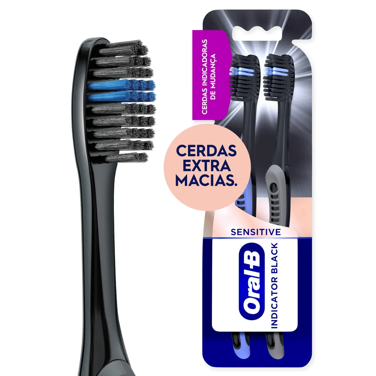 Escova Dental Oral-B Sesitive Indicator Black Charcoal Cerdas Extra Macia 2 Unidades