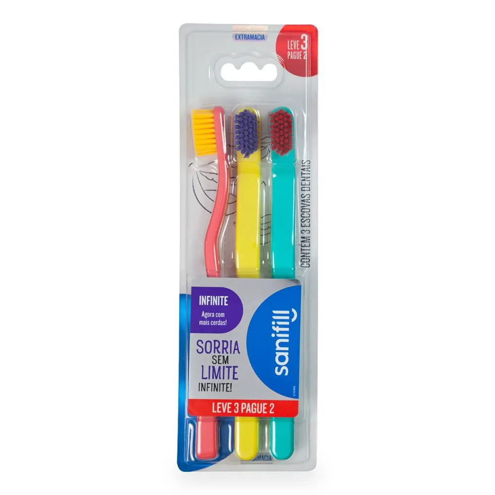 Escova Dental Sanifill Infinite Cerdas Extra Macia Cores Sortidas 3 Unidades