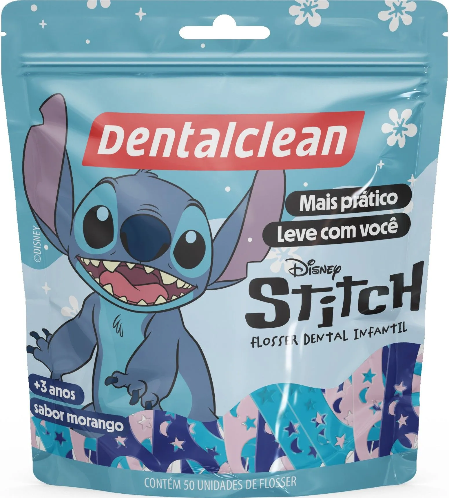 Fio Dental Stitch Infantil Com Cabo Morango 50 Unidades Dental Clean