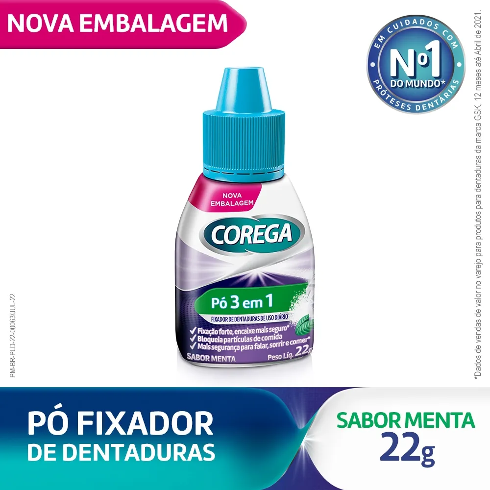 Fixador de Prótese Corega 3 em 1 Fixação Forte Sabor Menta Pó 22g