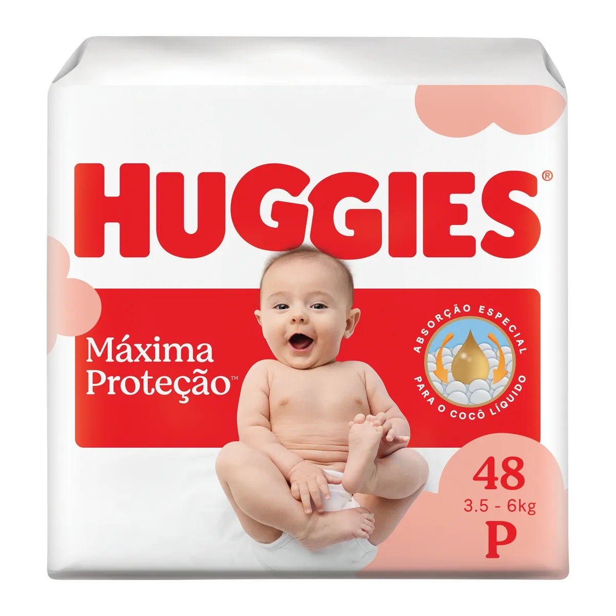 Fralda Descartável Huggies Máxima Proteção Tamanho P 48 unidades – com absorção especial para cocô líquido e indicador de troca.