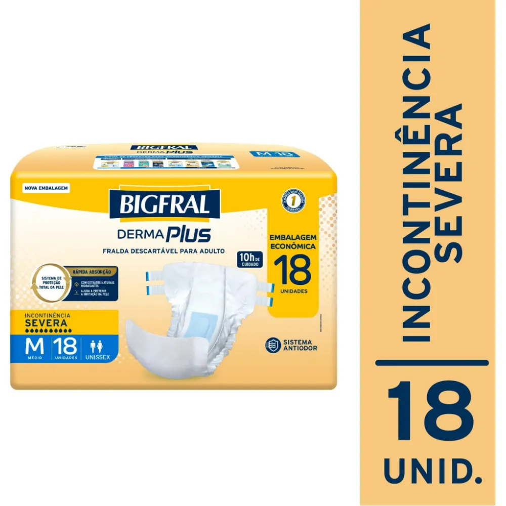 Fralda Geriátrica Descartável Bigfral Derma Plus Incontinência Urinária Severa M 18 Unidades