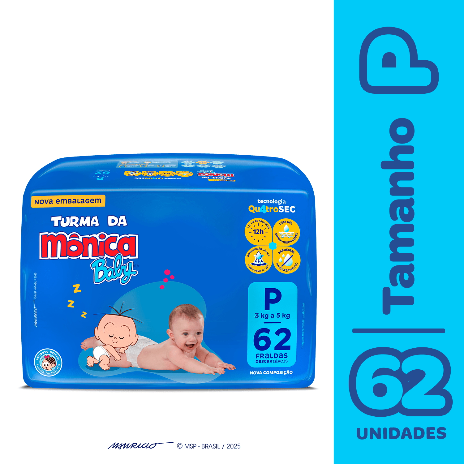 Fralda Turma da Mônica Baby Mega P 62 Unidades