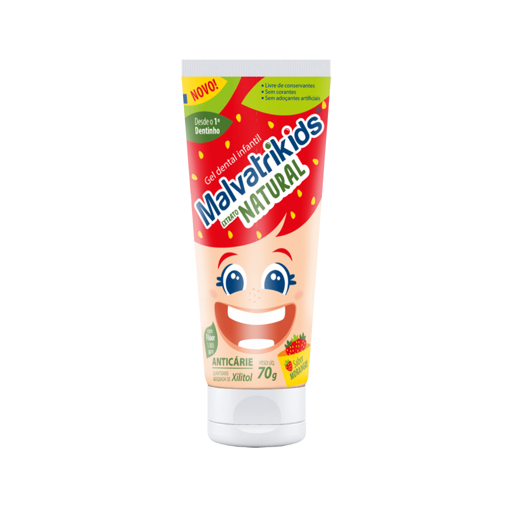Gel Dental Infantil Malvatrikids Extrato Natural Anticáries Flúor Xilitol Sabor Morango 70g