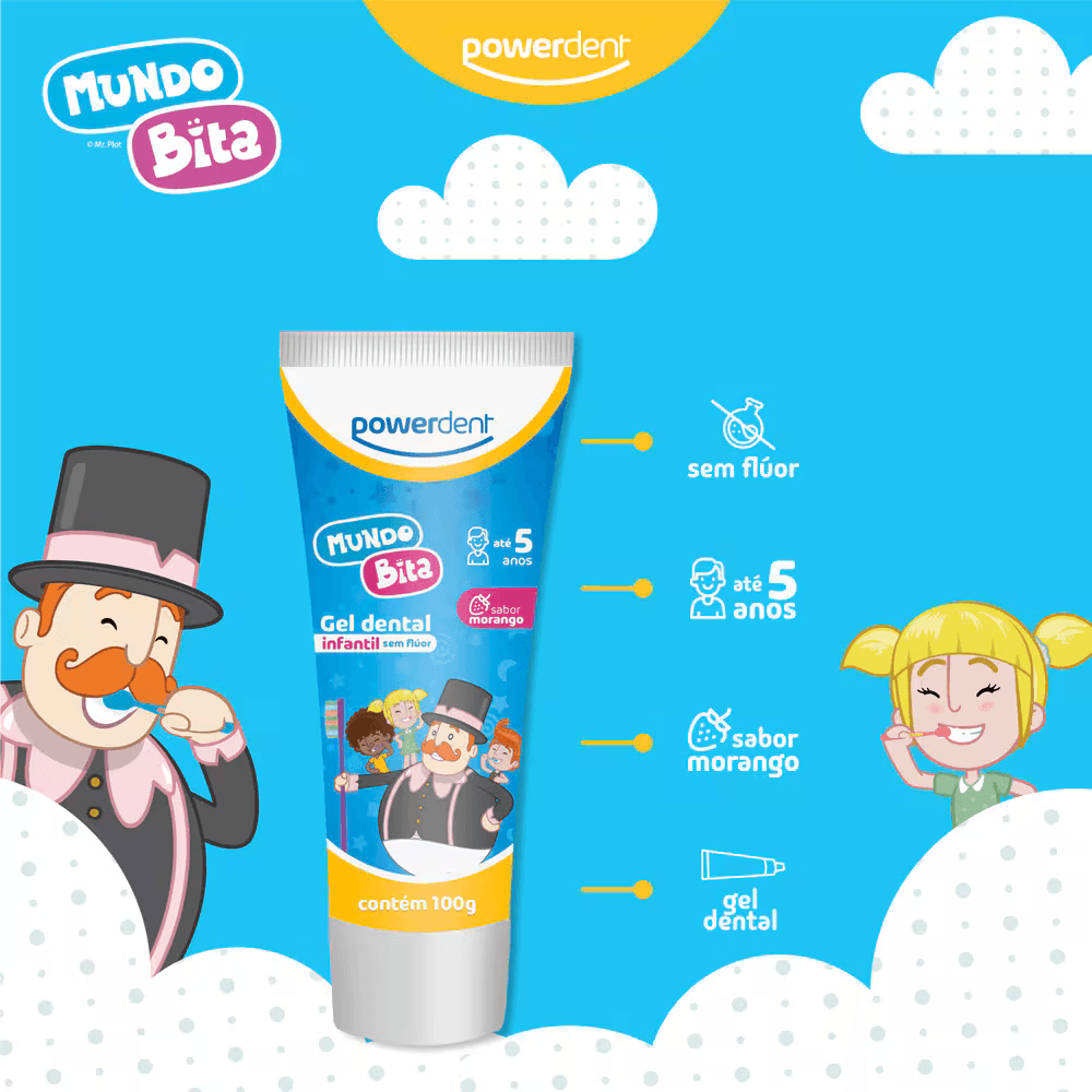 Gel Dental Infantil Powerdent Mundo Bita Sem Flúor Sabor Morango 100g