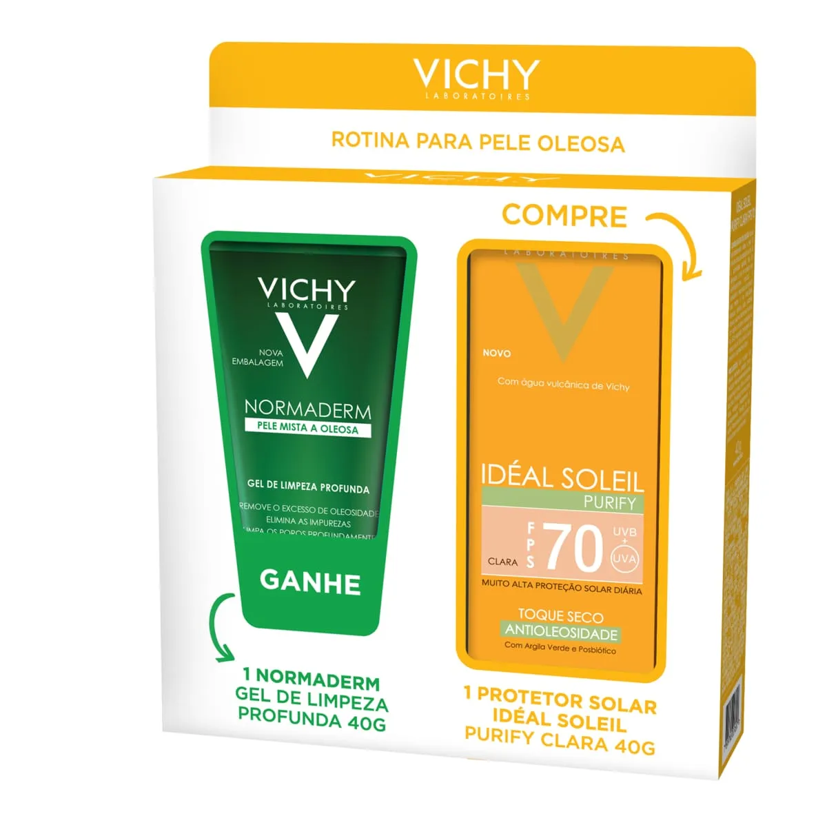 Ideal Soleil Purify Clara Fps70 40g Grátis Normaderm Gel De Limpeza Profunda 40g