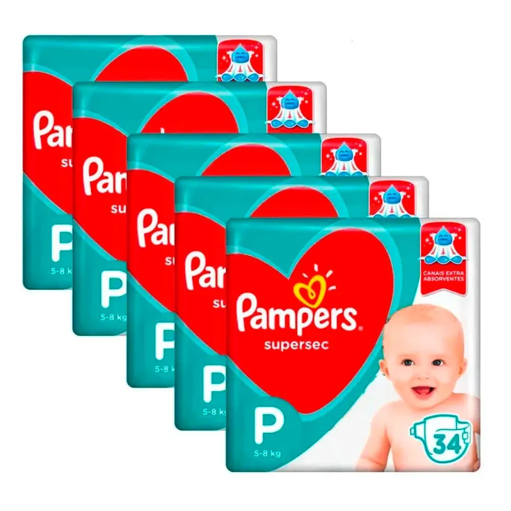 Kit 5 Fraldas Pampers Supersec Pacotão P - 170 Unidades