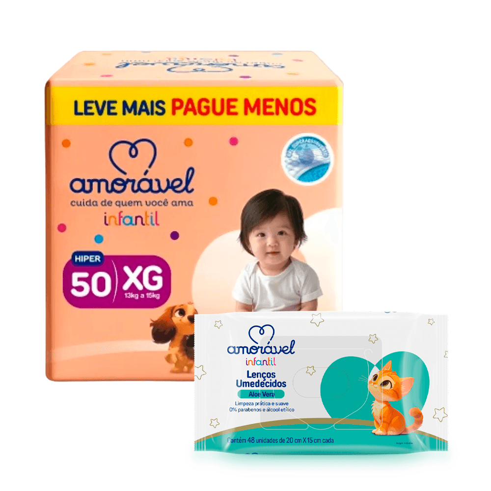 Kit Amorável Fralda Amoravel Basic Hiper XG 50 Uni + Lenço Umedecido Amorável Baby Aloe Vera 48 Uni