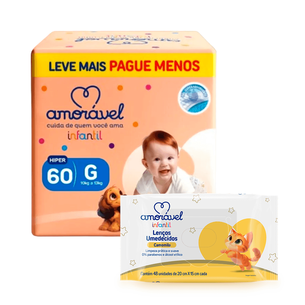 Kit Amorável Fralda Basic G 60 Unidades + Lenços Umedecidos Baby Camomila 48 Unidades