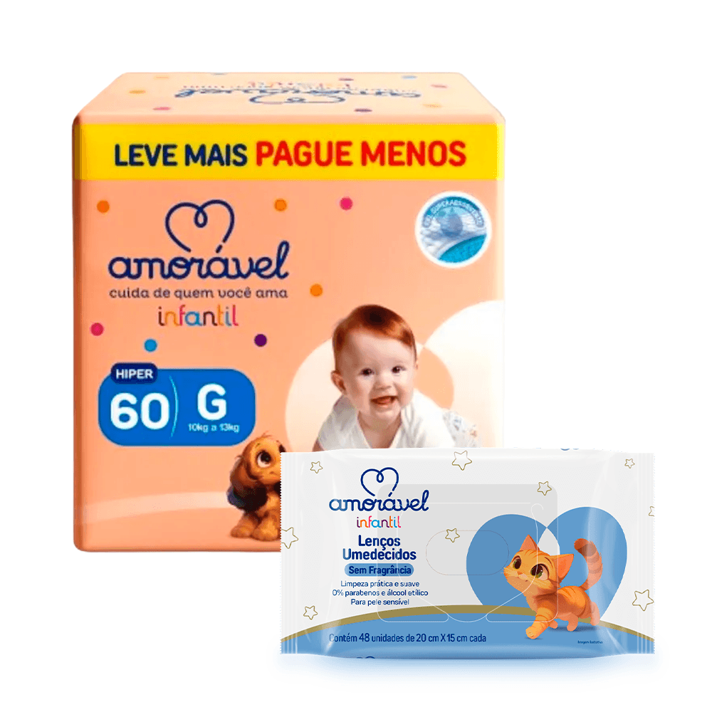 Kit Amorável Fralda Basic G 60 Unidades + Lenços Umedecidos Baby Sem Fragrância 48 Unidades