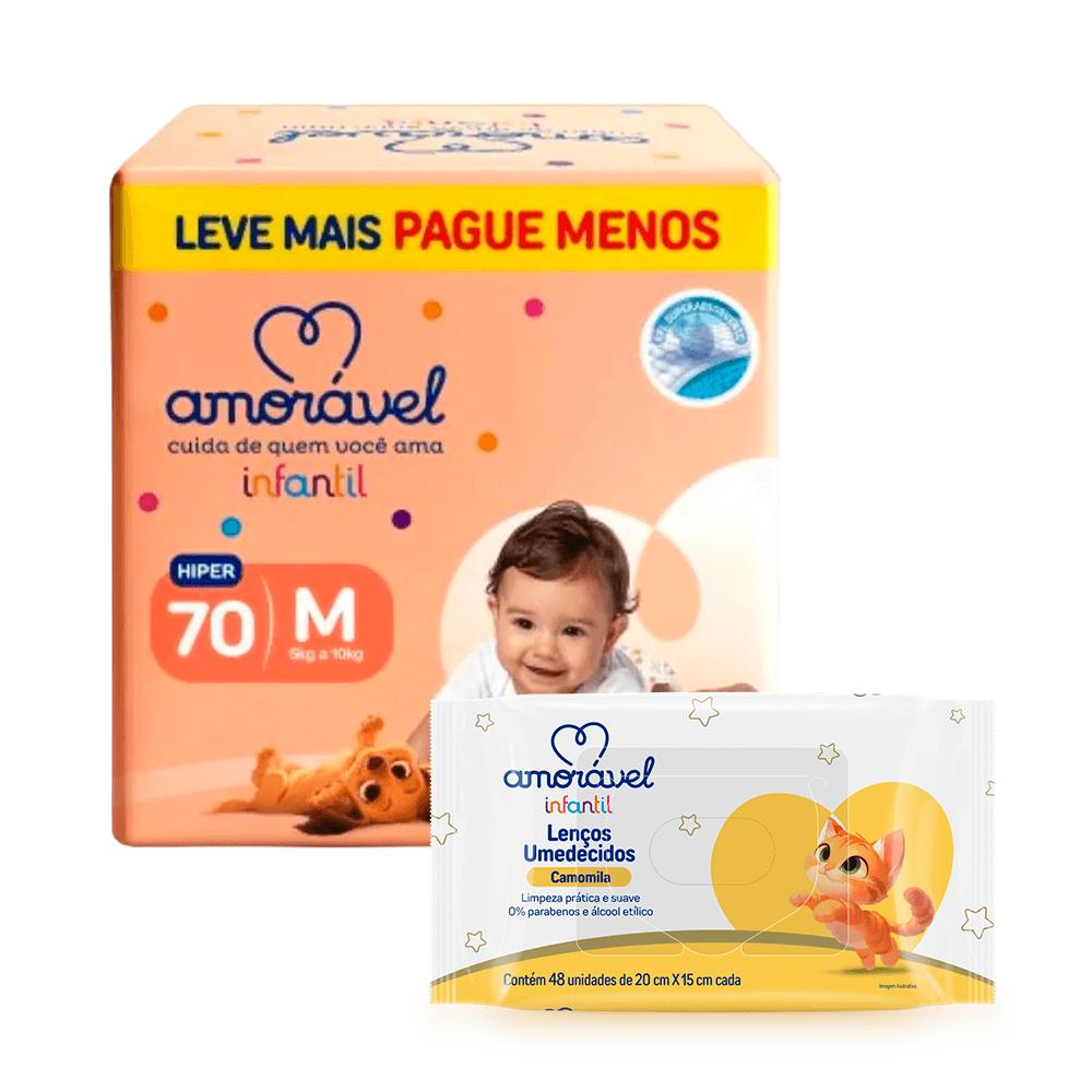 Kit Amorável Fralda Basic M 70 Unidades + Lenços Umedecidos Baby Camomila 48 Unidades