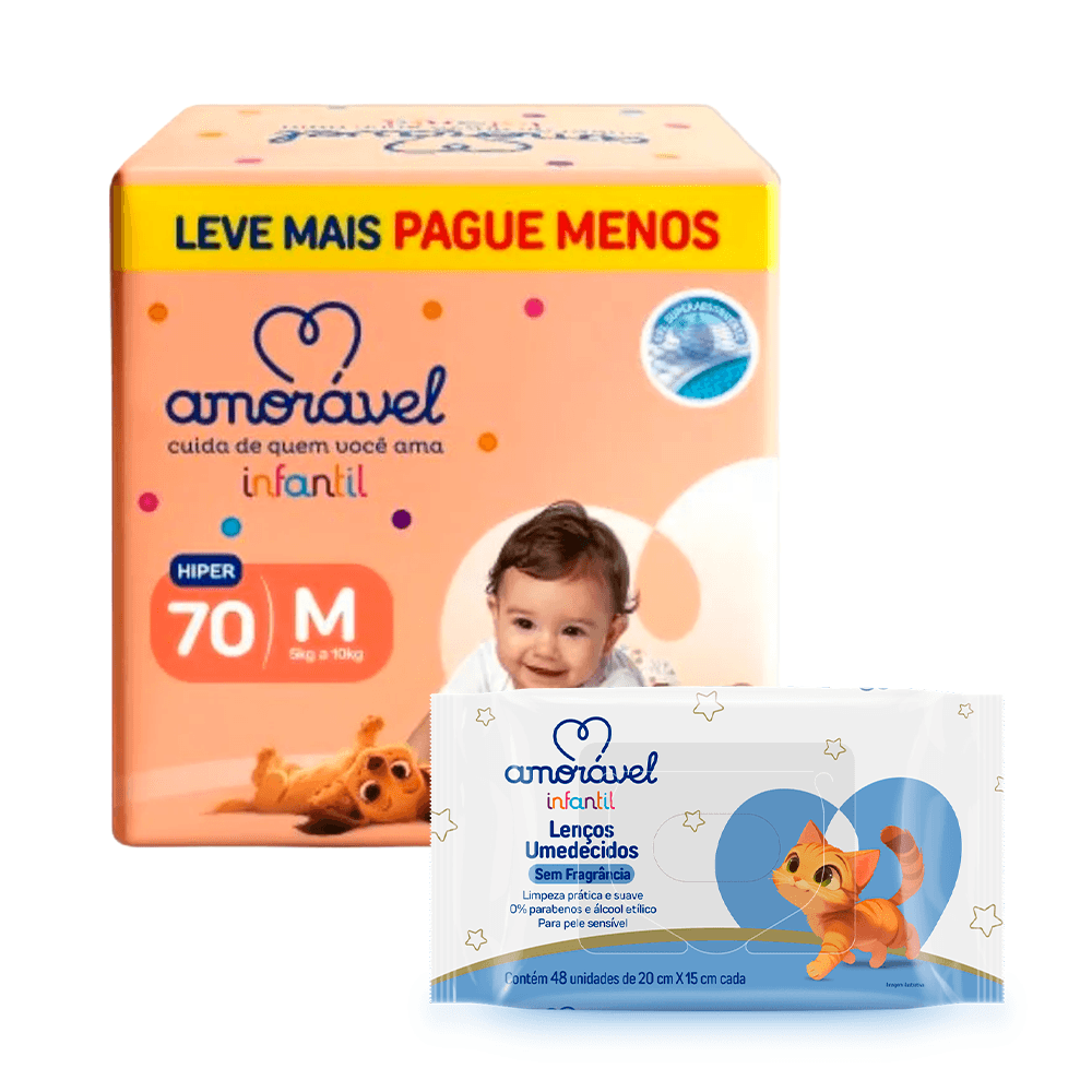 Kit Amorável Fralda Basic M 70 Unidades + Lenços Umedecidos Baby Sem Fragrância 48 Unidades