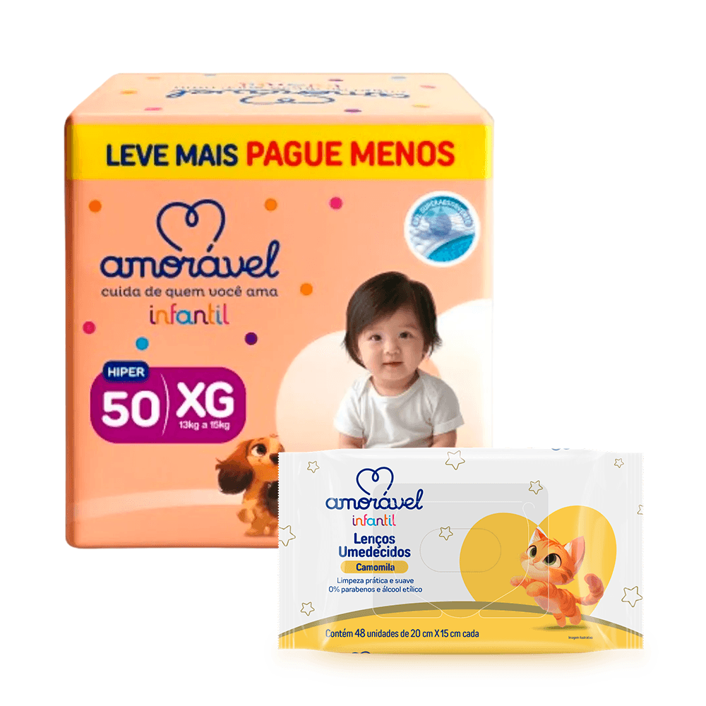 Kit Amorável Fralda Basic XG 50 Unidades + Lenços Umedecidos Baby Camomila 48 Unidades