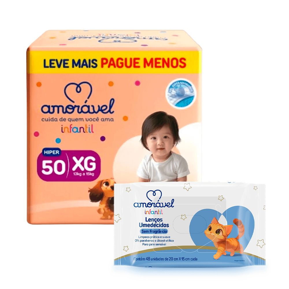 Kit Amorável Fralda Basic XG 50 Unidades + Lenços Umedecidos Baby Sem Fragrância 48 Unidades