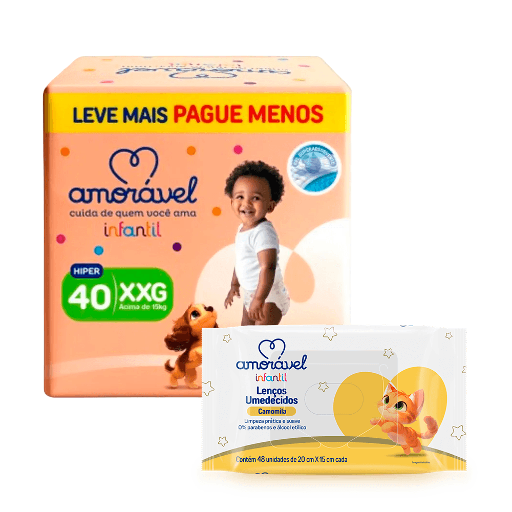 Kit Amorável Fralda Basic XXG 40 Unidades + Lenços Umedecidos Baby Camomila 48 Unidades