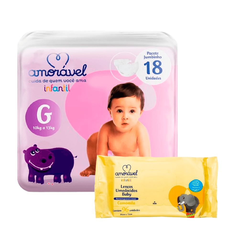 Kit Amorável Fralda G 18uni + Lenço Umedecido Baby Camomila 48uni