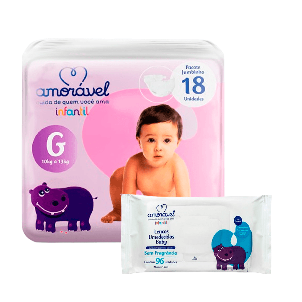 Kit Amorável Fralda G 18uni + Lenço Umedecido Baby Sem Fragrância 48uni